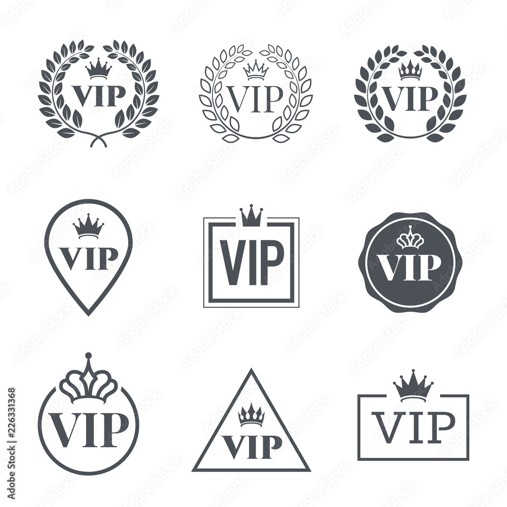 VIP label set. Symbol of exclusivity. Vip icons with crown, frame and laurel wreath. Luxury premium badge. Decoration elements for your design. Vector eps 10.