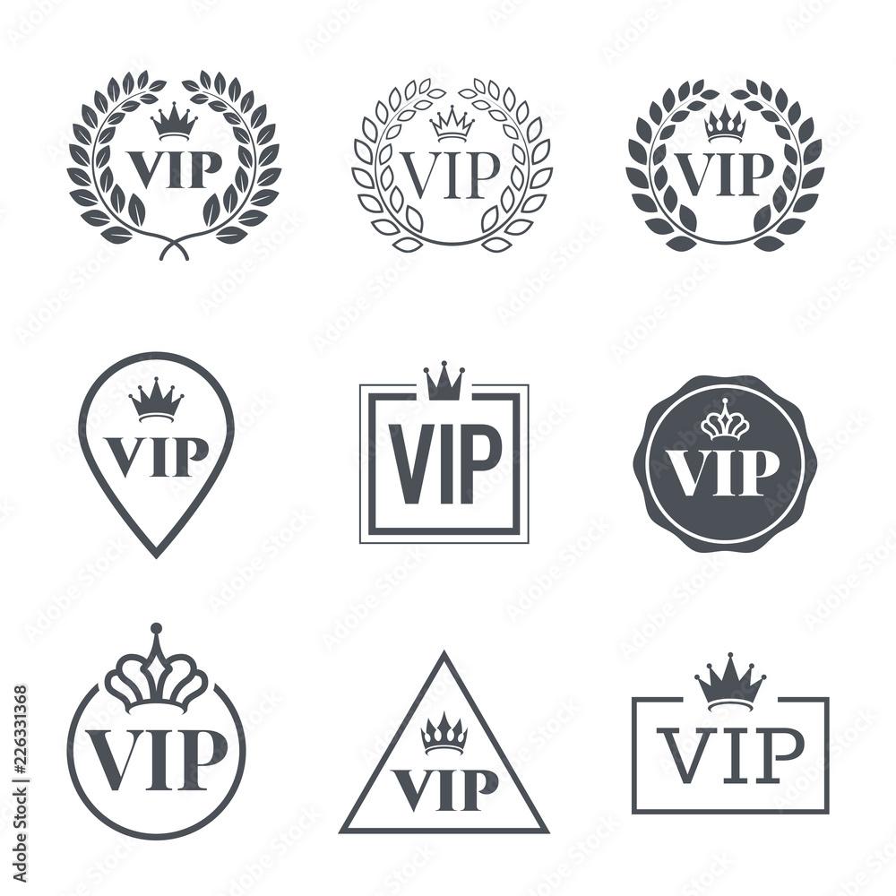 VIP label set. Symbol of exclusivity. Vip icons with crown, frame and laurel wreath. Luxury premium badge. Decoration elements for your design. Vector eps 10. VIP label set. Symbol of exclusivity. Vip icons with crown, frame and laurel wreath. Luxury premium badge. Decoration elements for your design. Vector eps 10.