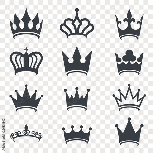 Black crown silhouette isolated on transparent background. Royal Crown icons collection. High status item. Element for your design. Vector illustration.