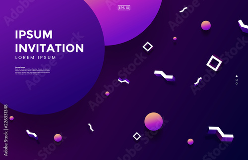 Creative invitation template. Abstract background in memphis style. Colorful gradient wallpaper with 3d geometric shapes. Use for web page, party flyer, banner, promo etc. Vector illustration