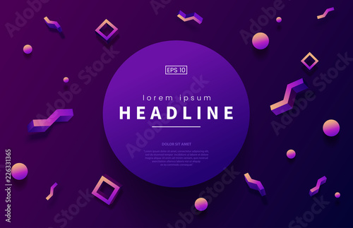 Abstract memphis background with 3d geometric shapes and place for text. Modern poster in hipster style. Gradient shapes composition. Use for web page, party invitation, promo etc. Vector illustration