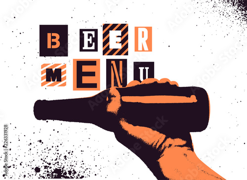 Beer Menu typographical vintage style grunge poster design. The hand holds a bottle of beer. Retro vector illustration.