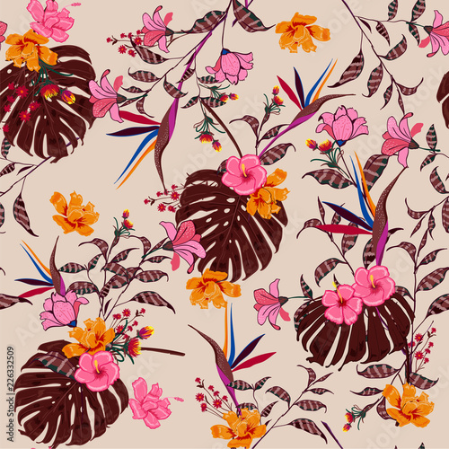 vector seamless beautiful artistic tropical pattern with exotic forest. Colorful original stylish floral background print,