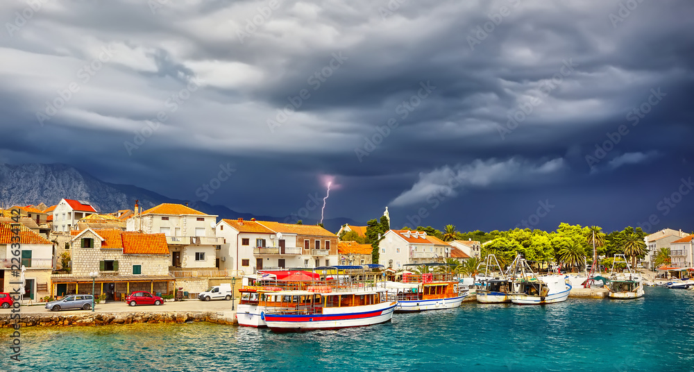 Fantastic autumn scene of old town. Picturesque evening sunset and lightning of Adriatic sea, Hvar island, Croatia, Europe