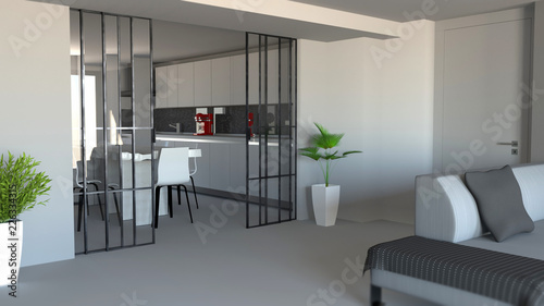 Porta scorrevole, divisorio ambiente soggiorno e cucina, ingresso appartamento moderno, stile industrial. 3d rendering photo