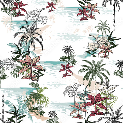 Beautiful seamless island pattern on white background. Landscape with palm trees,beach
