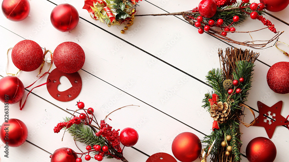 Christmas red collection, balls and decorative ornaments, on white