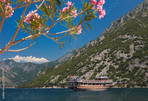 Beautiful view of the mountains and flowers. Boat in the sea. Montenegro