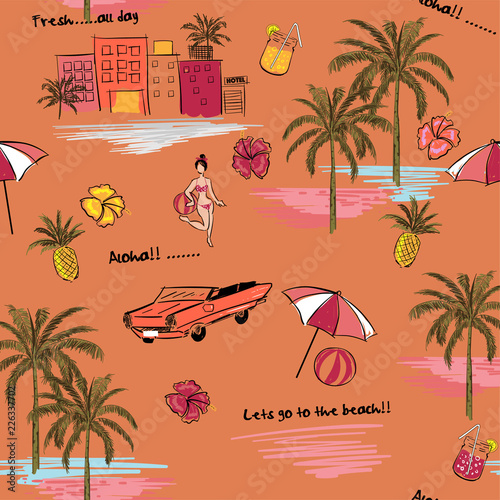 Beautiful seamless island pattern on orange background. Landscape with palm trees,beach and ocean vector