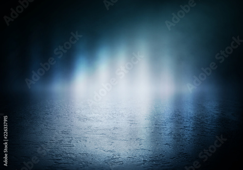 Background of an empty dark room. Empty walls, lights, smoke, glow, rays