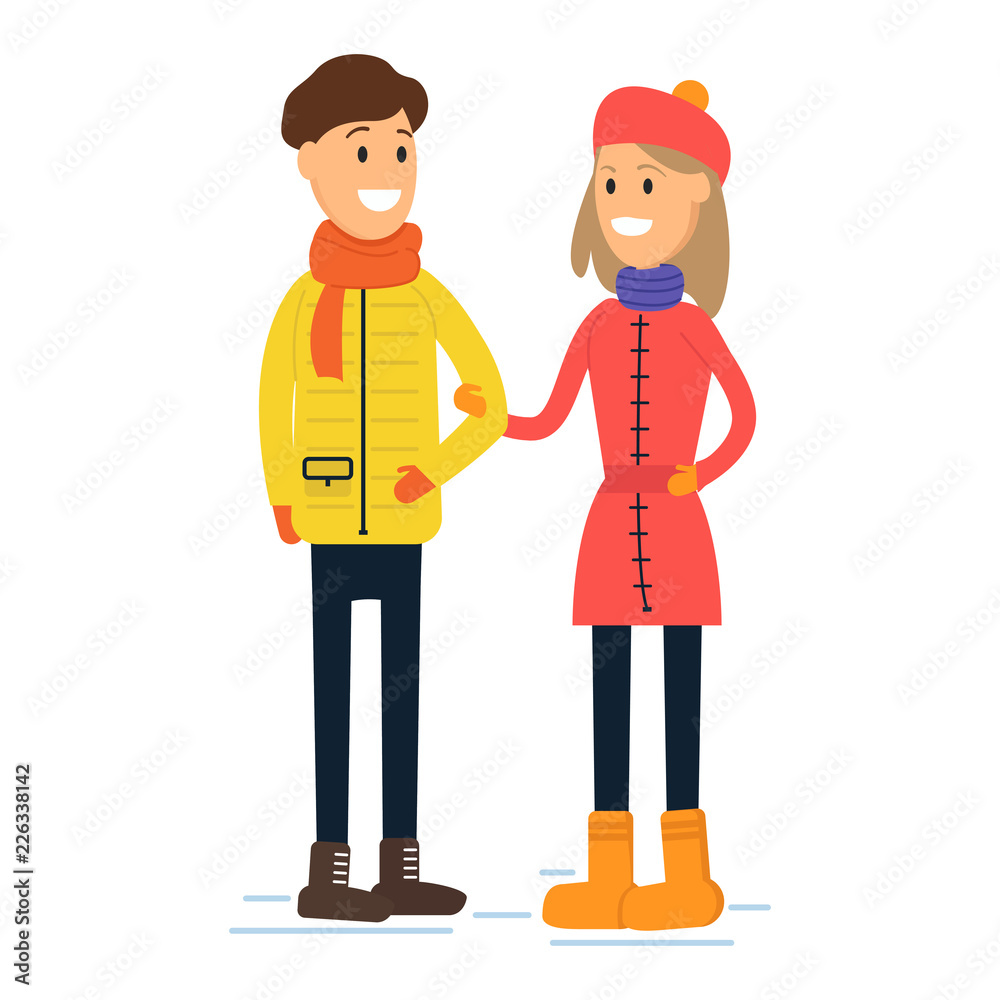 Happy young heterosexual couple in winter clothes enjoying their time together. Vector illostration of people isoldated on white background.