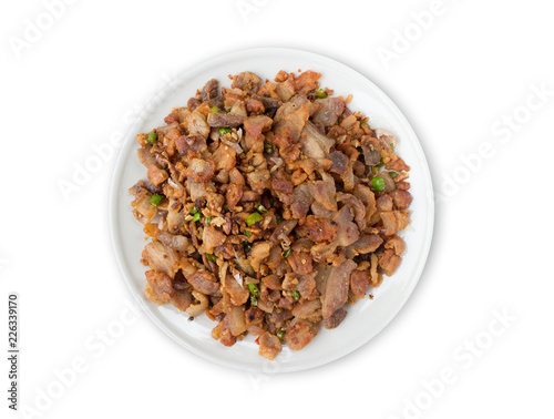 fried pork belly with fish sauce isolated on white background