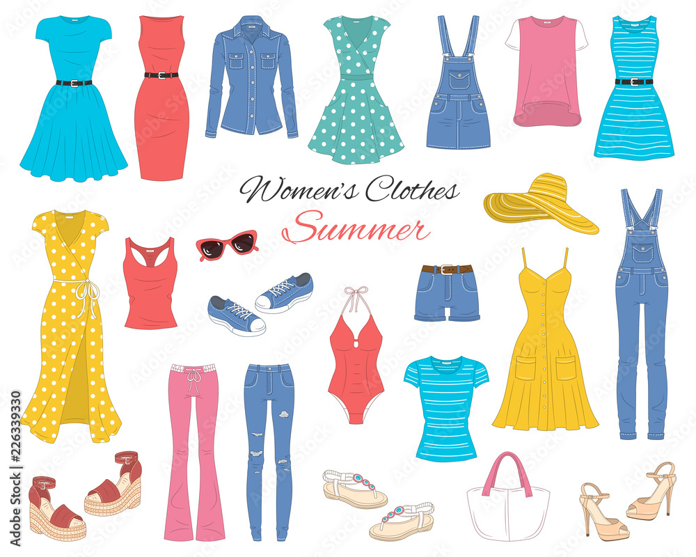 Women clothes collection. Vector sketch illustration. - obrazy, fototapety, plakaty 