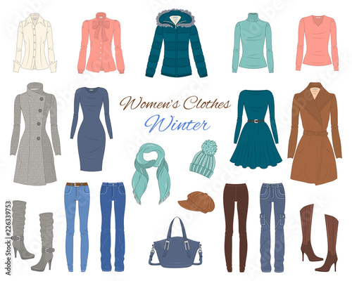 Women' s clothes collection. Winter outfit. Vector illustration.