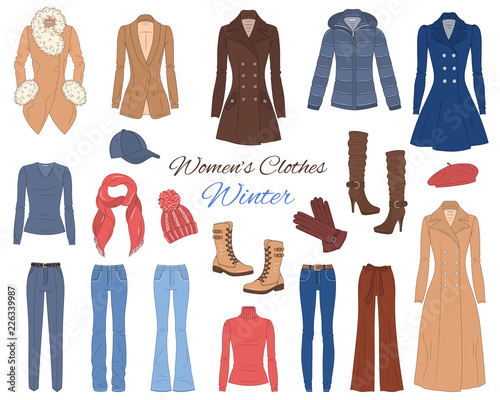 Women's clothes collection. Winter outfit. Vector illustration.