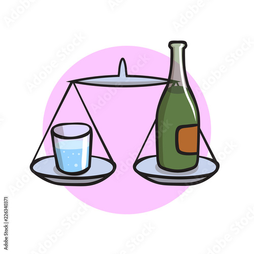 Galss of water and bottle of alcohol on scales. Cartoon design icon. Colorful flat vector illustration. Isolated on white background.