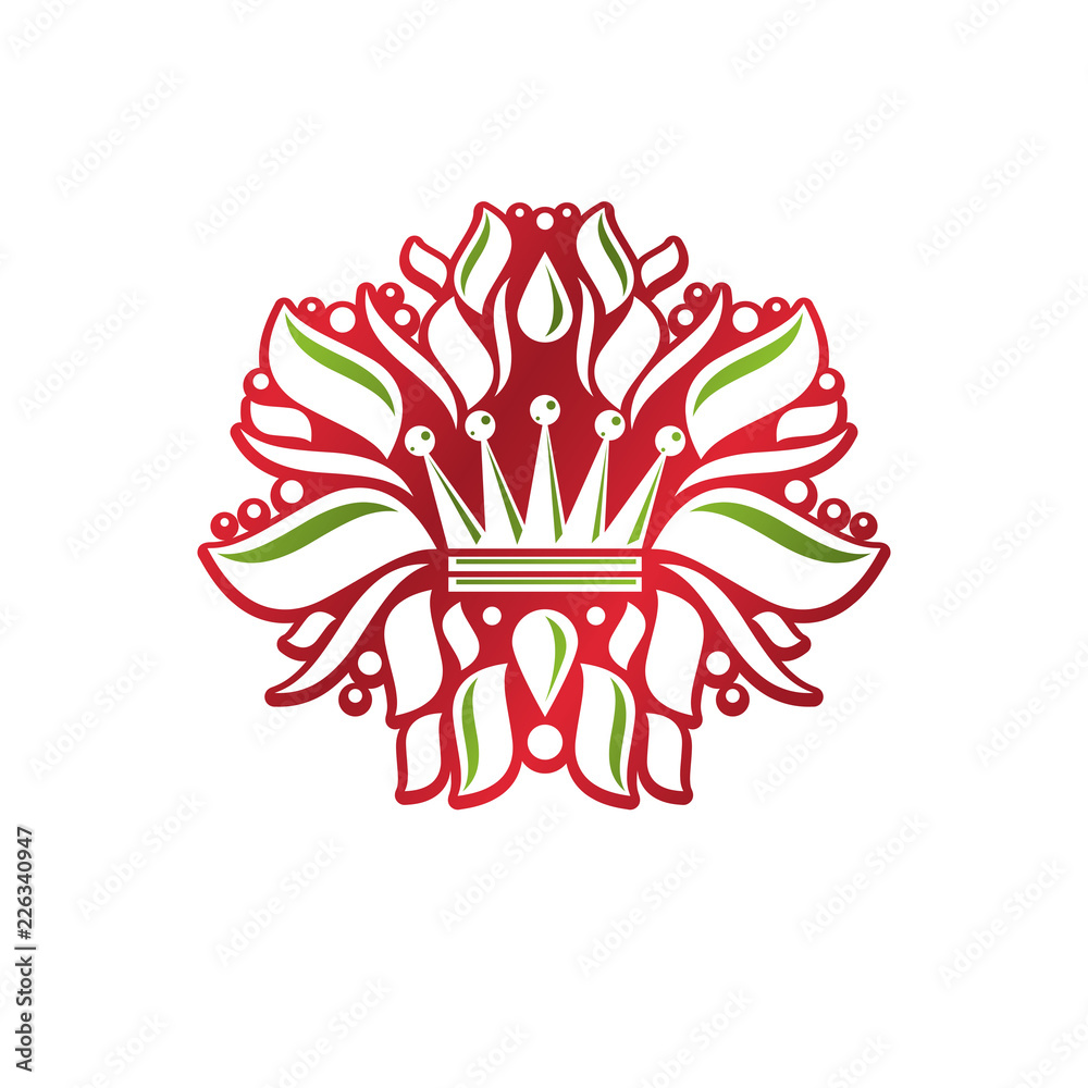 Fototapeta premium Lily Flower Royal emblem. Heraldic Coat of Arms isolated vector illustration created with decorative ribbon and imperial crown. Ecology and environment conservation business logo.