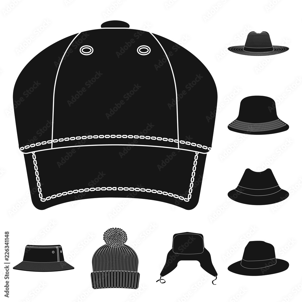 Vector illustration of headgear and cap sign. Collection of headgear