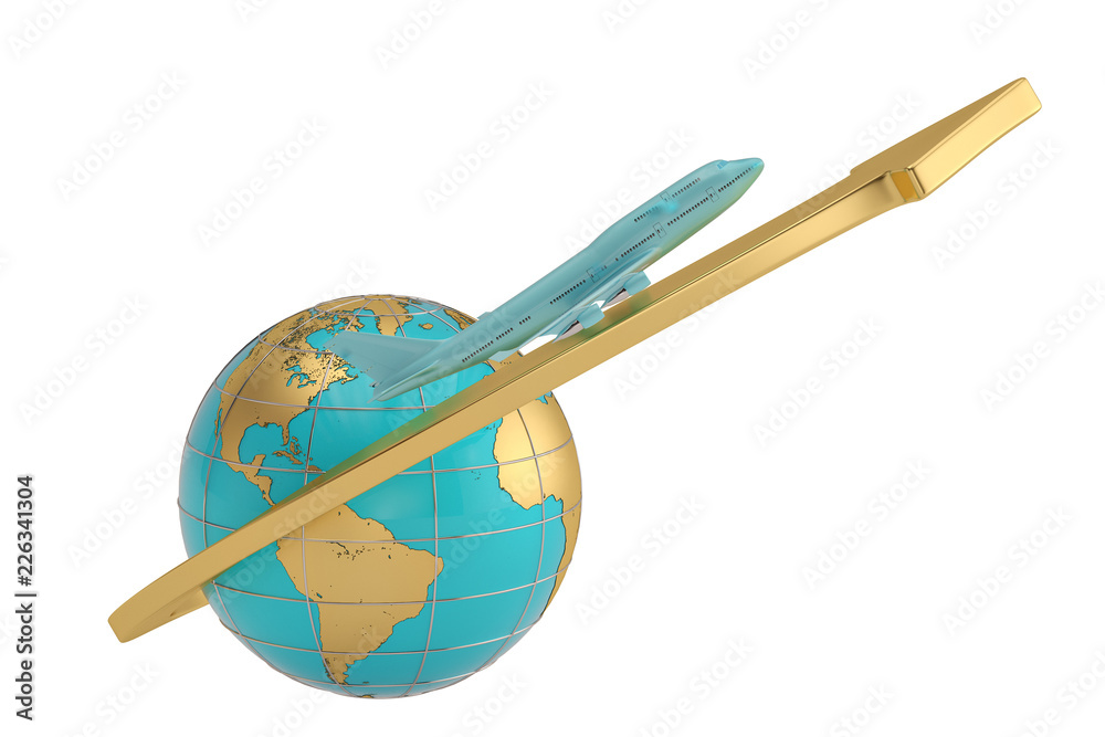 Blue jet airplane and globe with arrow isolated on white background 3D illustration. Blue jet airplane and globe with arrow isolated on white background 3D illustration.