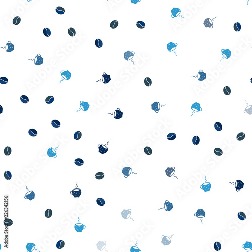Dark BLUE vector seamless template with cups of coffee, beans.