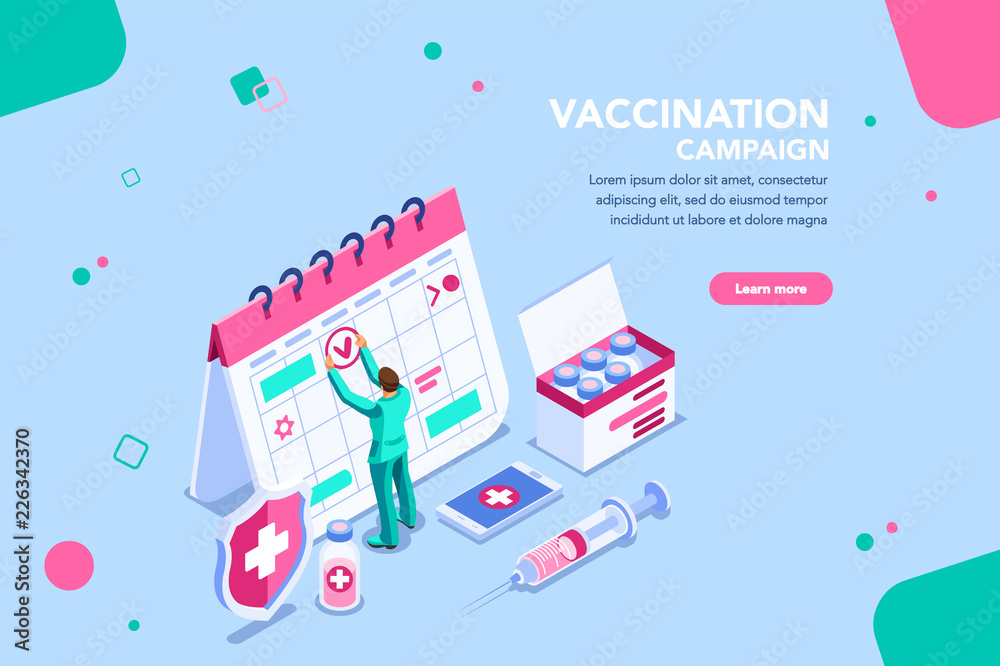 Concept of vaccine emergency day, virus infographics. Adult shot. Template with syringe. Protection campaign for immunity. Concept with characters flat isometric vector illustration.