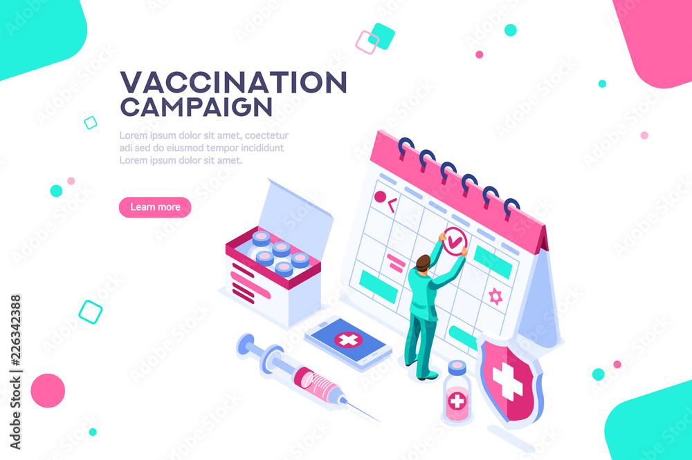 Concept of vaccine emergency day, virus infographics. Adult shot. Template with syringe. Protection campaign for immunity. Concept with characters flat isometric vector illustration.