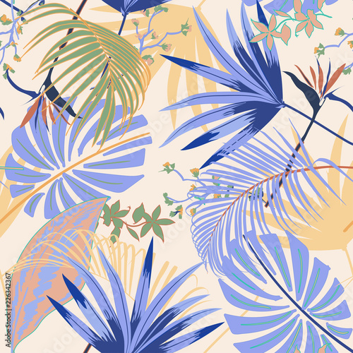 vector seamless beautiful artisticsummer pastale bright tropical pattern with exotic forest. Colorful cute original stylish floral background print, bright rainbow colors