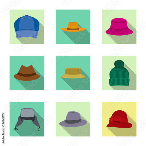 Vector illustration of headgear and cap icon. Set of headgear and accessory vector icon for stock.