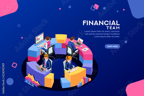 Project management financial report strategy. Consulting team. Collaboration concept with collaborative people. Isometric business analysis planning. Flat isometric characters vector illustration.