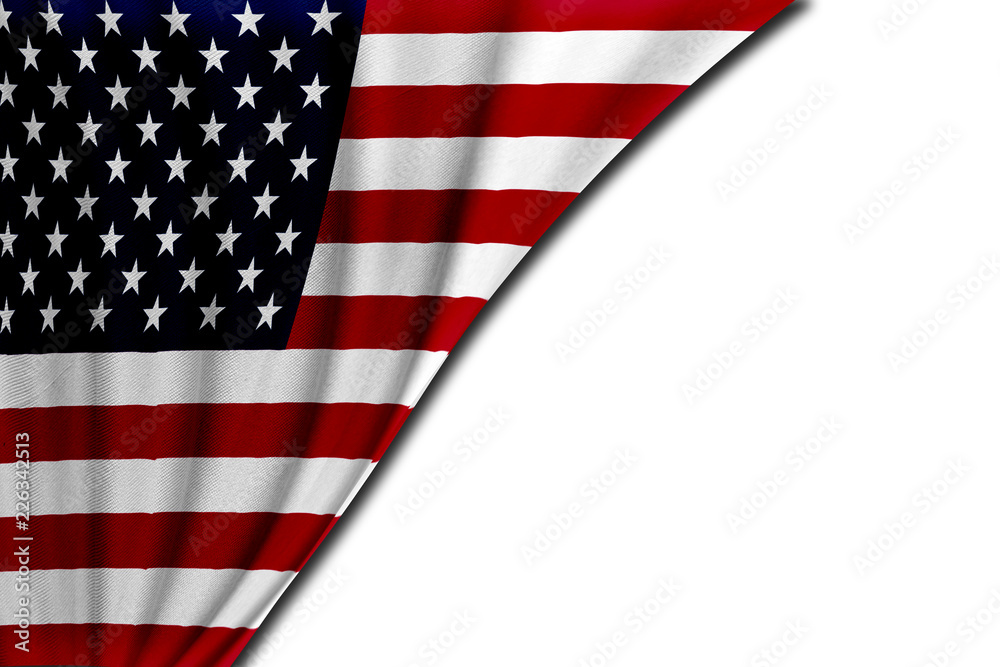 Fototapeta premium Waving national flag of the United States of America on a white wall texture background