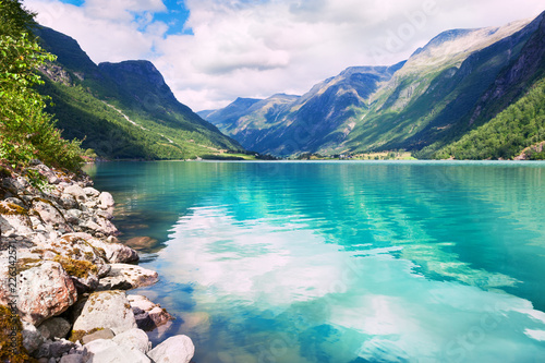 Oldevatnet lake in the mountains in Norway. Beautiful summer landscape