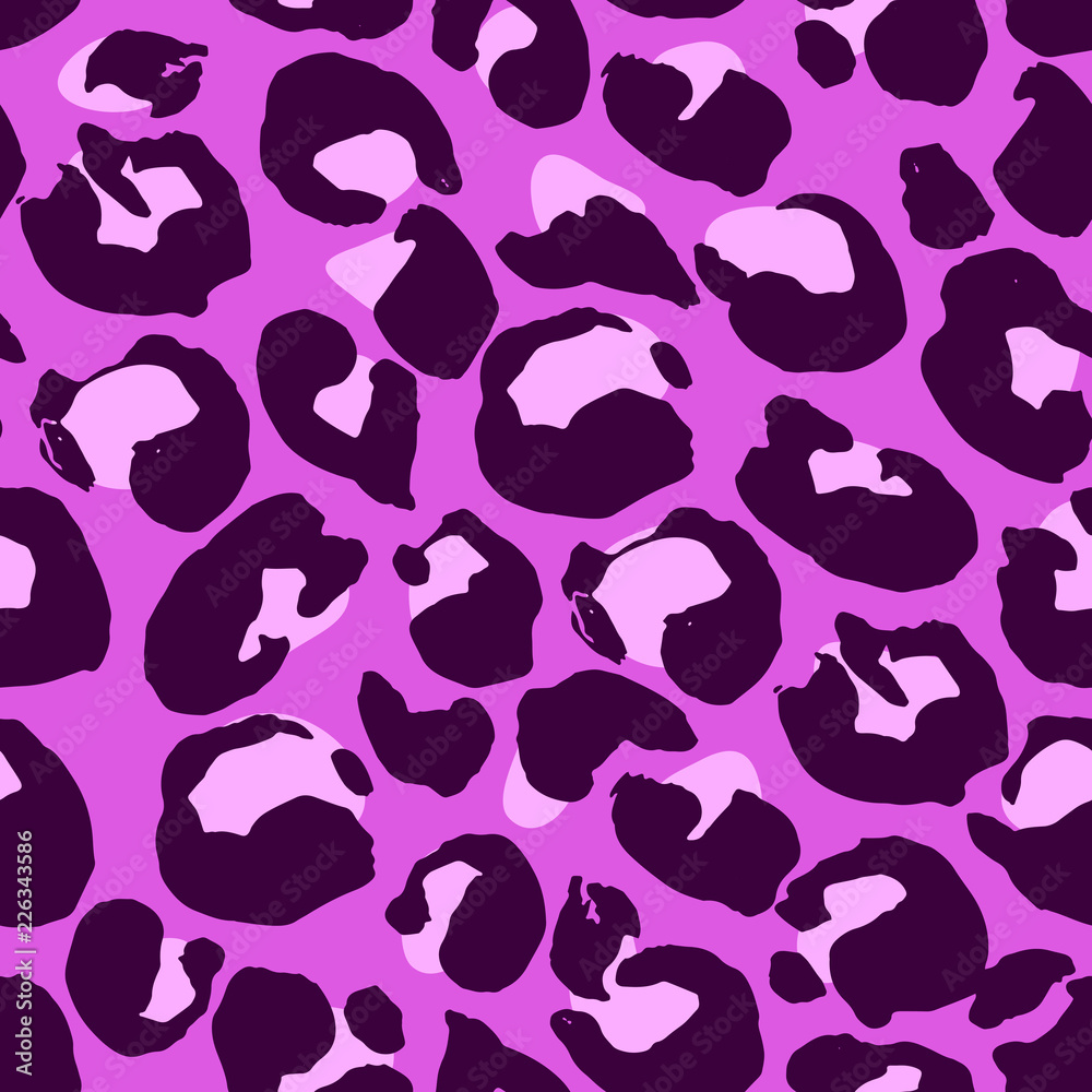 Vector illustration leopard print seamless pattern. Violet hand drawn background.