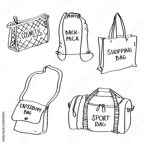 Set of hand drawn bags doodles isolated on a white background.