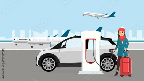 A woman at the airport is renting an electric car. Vector illustration