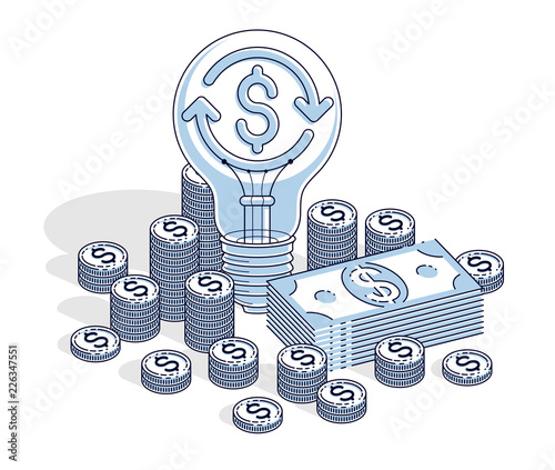 Business creative Idea concept, Light Bulb with cash money stack and coins piles. 3d vector business and finance design, isometric thin line illustration.