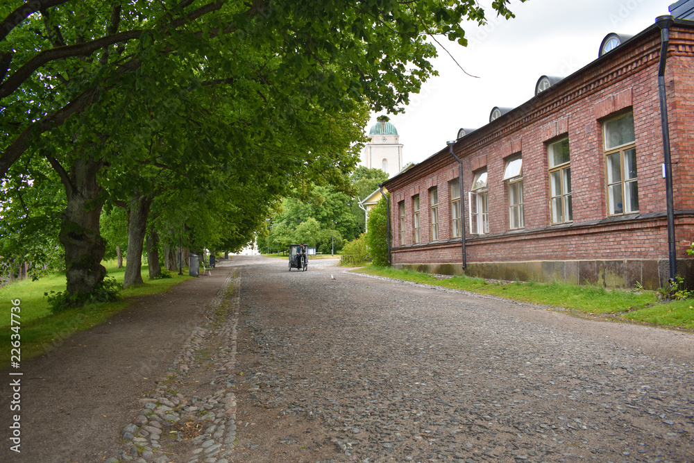 One of the many buildings and streets inside the Suomenlinna Sea Fortress in Helsinki, Finland. Suomenlinna is a UNESCO World Heritage Site.