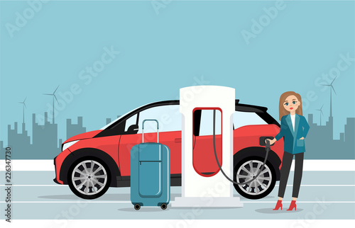 Woman traveler with baggage is renting an electric car. Vector illustration