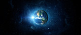 Panoramic view of the Earth, sun, star and galaxy. Sunrise over planet Earth, view from space. Elements of this image furnished by NASA