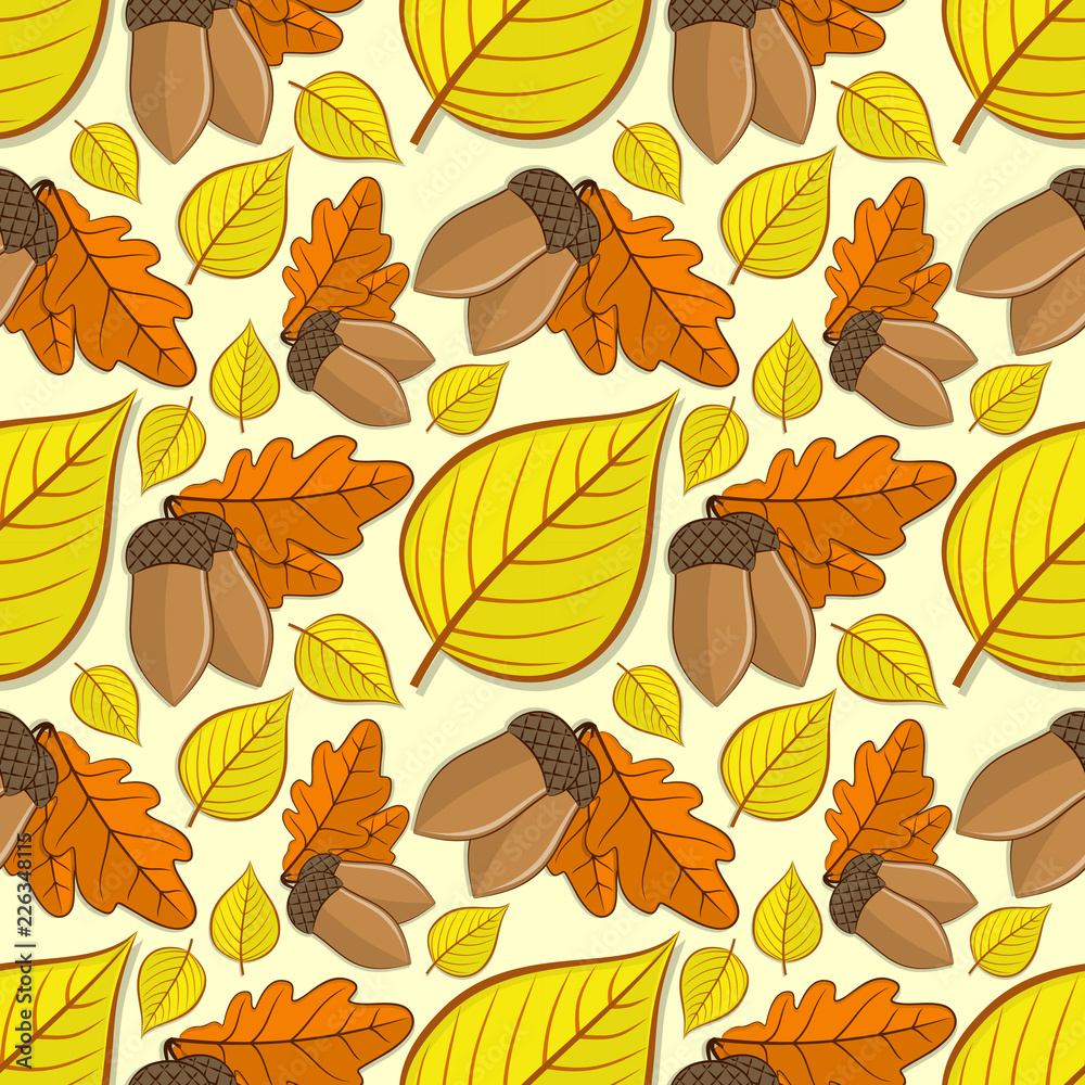 Obraz premium Seamless pattern with acorns and oak, linden autumn leaves. Vector illustration.