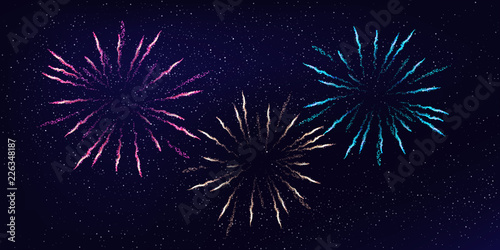 Three firework bursts on night sky background. Vector design element.