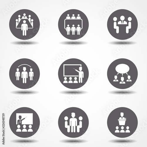 Conference, Business And Management Icons. Flat Design. Vector illustration. Signs for infographic, logo, app development and website.