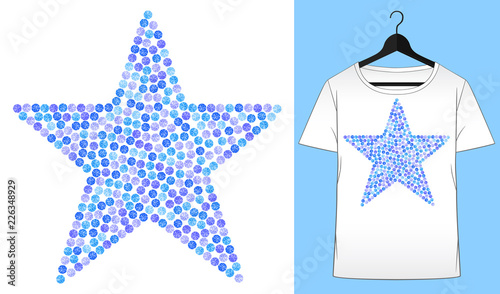 Rhinestones star. Transfer iron heat ornament. Gems, diamonds, jewelry decor. Embroidery. T-shirt simple mockup. Rhinestones appligue hot fix. Print for fabric or denin. Fashion trend.