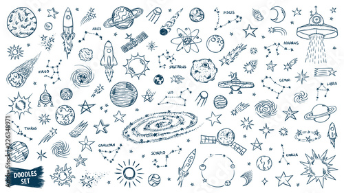 Space doodles set. Astronomy. Cosmic sketches. Zodiac. Planets. Moon and stars. Sun. Spaceship. Meteor. Comet. Alien. Asteroid. Constellation. Universe scribbles. Galaxy collection.