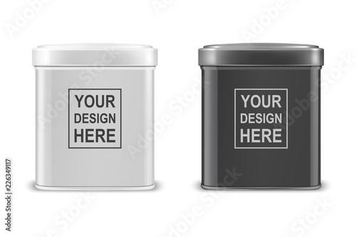Vector realistic 3d white and black blank metal aluminium tea tin can container with cap rectangular or square shape icon set closeup isolated on white background. Design template for graphics