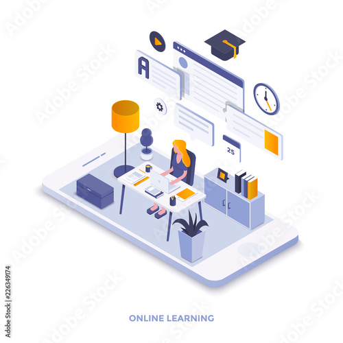 Flat color Modern Isometric Illustration design - Online Learning