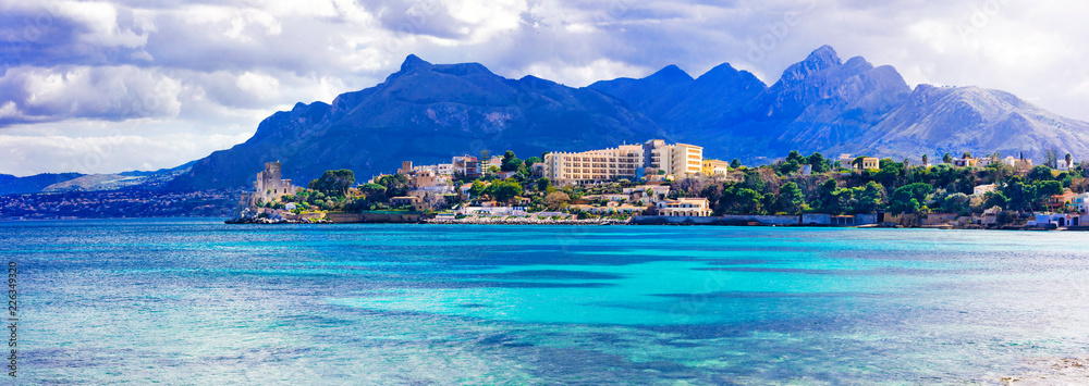 Fototapeta premium Amazing landscapes of Sicily -beautiful coastal town Santa Flavia with old castle . Italy