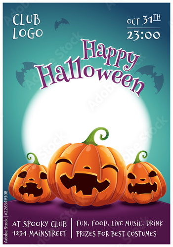 Happy Halloween editable poster with smiling, scared and angry pumpkins on dark blue background with full moon. Happy Halloween party.
