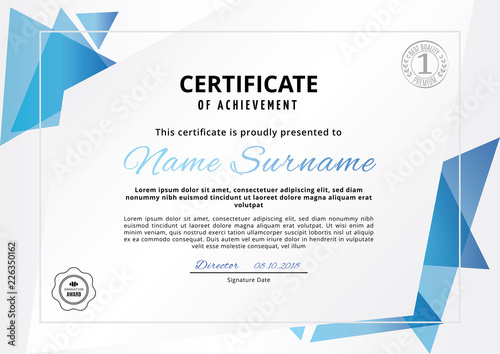 Official white certificate with blue triangle design elements. Business clean modern design