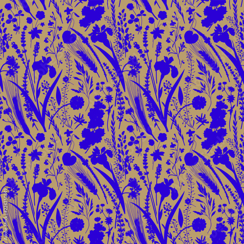Seamless pattern. Silhouettes of flowers and plants. Blue and beige