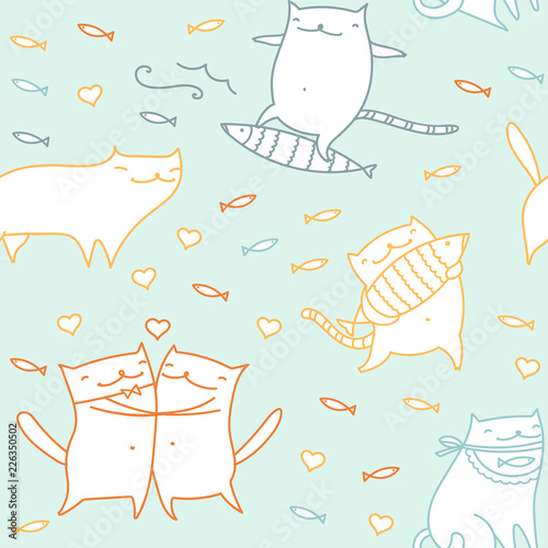 Cats seamless pattern. Cute vector animals icons. Funny kitten background.